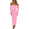 imagePRETTYGARDEN Womens Fall Off The Shoulder Maxi Dress Spring Long Sleeve Ruched Fitted Bodycon Club Dresses with SlitPink