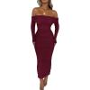 imagePRETTYGARDEN Womens Fall Off The Shoulder Maxi Dress Spring Long Sleeve Ruched Fitted Bodycon Club Dresses with SlitWine Red