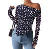 imagePRETTYGARDEN Womens Fall Trendy Off Shoulder Y2k Tops 2025 Tie Dye Mesh Long Sleeve Shirts Asymmetrical Ruched Floral BlouseDot Navy Blue White