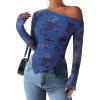 imagePRETTYGARDEN Womens Fall Trendy Off Shoulder Y2k Tops 2025 Tie Dye Mesh Long Sleeve Shirts Asymmetrical Ruched Floral BlouseFloral Blue
