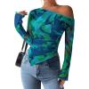 imagePRETTYGARDEN Womens Fall Trendy Off Shoulder Y2k Tops 2025 Tie Dye Mesh Long Sleeve Shirts Asymmetrical Ruched Floral BlouseFloral Green