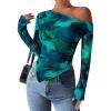 imagePRETTYGARDEN Womens Fall Trendy Off Shoulder Y2k Tops 2025 Tie Dye Mesh Long Sleeve Shirts Asymmetrical Ruched Floral BlouseFloral Lake Blue