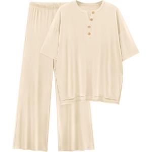 imagePRETTYGARDEN 2 Piece Lounge Sets for Women Summer 2025 Short Sleeve Tops Wide Leg Pants Matching Travel Outfits ClothingBeige