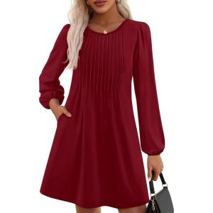 imagePRETTYGARDEN Fall Dresses for Women 2025 Long Sleeve Mini Short Flowy A Line Casual Holiday Party Tunic Dress Fashion ClothesBurgundy