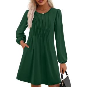 imagePRETTYGARDEN Fall Dresses for Women 2025 Long Sleeve Mini Short Flowy A Line Casual Holiday Party Tunic Dress Fashion ClothesDark Green