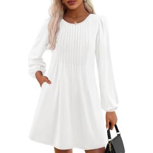 imagePRETTYGARDEN Fall Dresses for Women 2025 Long Sleeve Mini Short Flowy A Line Casual Holiday Party Tunic Dress Fashion ClothesWhite