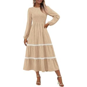 imagePRETTYGARDEN Long Sleeve Dress for Women 2025 Fall Elegant Modest Floral Boho Smocked Flowy Wedding Guest Midi DressesApricot