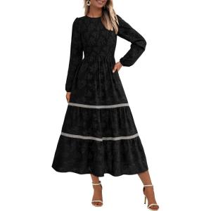 imagePRETTYGARDEN Long Sleeve Dress for Women 2025 Fall Elegant Modest Floral Boho Smocked Flowy Wedding Guest Midi DressesBlack