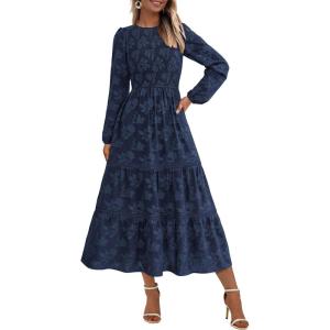 imagePRETTYGARDEN Long Sleeve Dress for Women 2025 Fall Elegant Modest Floral Boho Smocked Flowy Wedding Guest Midi DressesNavy