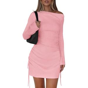 imagePRETTYGARDEN Long Sleeve Dress for Women Early Fall Fashion 2025 Cocktail Party Bodycon Off The Shoulder Mini Ruched DressesPink