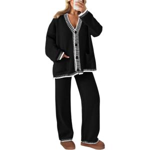 imagePRETTYGARDEN Lounge Sets for Women Fall 2025 Loungewear 2 Piece Outfits Cardigan Sweaters Track Suit Matching Winter ClothingBlack