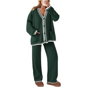 imagePRETTYGARDEN Lounge Sets for Women Fall 2025 Loungewear 2 Piece Outfits Cardigan Sweaters Track Suit Matching Winter ClothingDark Green