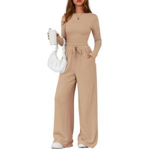 imagePRETTYGARDEN Matching Sets Women Clothing 2025 Fall Fashion Travel 2 Piece Lounge Sets Long Sleeve Crop Top Wide Leg PantsApricot