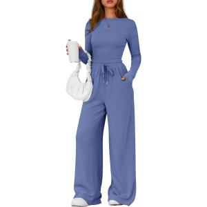 imagePRETTYGARDEN Matching Sets Women Clothing 2025 Fall Fashion Travel 2 Piece Lounge Sets Long Sleeve Crop Top Wide Leg PantsBlue