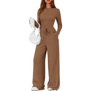 imagePRETTYGARDEN Matching Sets Women Clothing 2025 Fall Fashion Travel 2 Piece Lounge Sets Long Sleeve Crop Top Wide Leg PantsDark Khaki