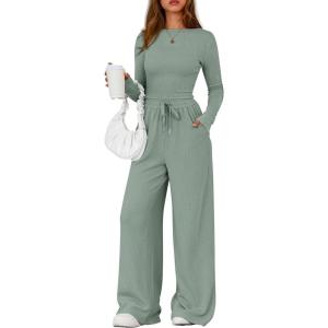 imagePRETTYGARDEN Matching Sets Women Clothing 2025 Fall Fashion Travel 2 Piece Lounge Sets Long Sleeve Crop Top Wide Leg PantsGreen