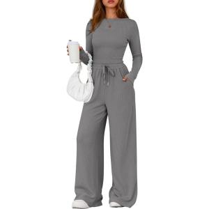imagePRETTYGARDEN Matching Sets Women Clothing 2025 Fall Fashion Travel 2 Piece Lounge Sets Long Sleeve Crop Top Wide Leg PantsGrey