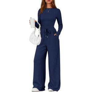 imagePRETTYGARDEN Matching Sets Women Clothing 2025 Fall Fashion Travel 2 Piece Lounge Sets Long Sleeve Crop Top Wide Leg PantsNavy