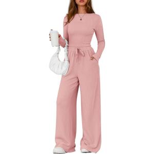imagePRETTYGARDEN Matching Sets Women Clothing 2025 Fall Fashion Travel 2 Piece Lounge Sets Long Sleeve Crop Top Wide Leg PantsPink