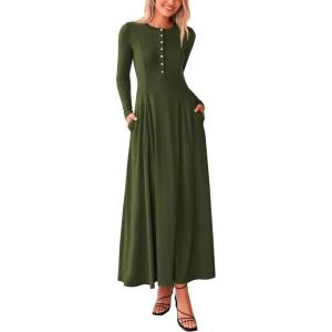 imagePRETTYGARDEN Maxi Dresses for Women 2025 Fall Casual Long Sleeve Button Fit and Flare Long Flowy Going Out DressArmy Green