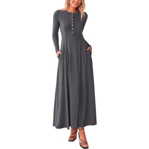 imagePRETTYGARDEN Maxi Dresses for Women 2025 Fall Casual Long Sleeve Button Fit and Flare Long Flowy Going Out DressDark Grey