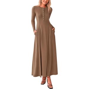 imagePRETTYGARDEN Maxi Dresses for Women 2025 Fall Casual Long Sleeve Button Fit and Flare Long Flowy Going Out DressDark Khaki