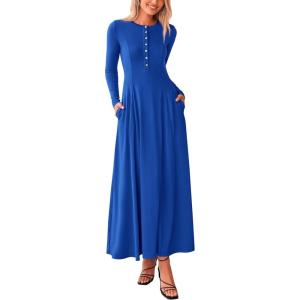 imagePRETTYGARDEN Maxi Dresses for Women 2025 Fall Casual Long Sleeve Button Fit and Flare Long Flowy Going Out DressRoyal Blue