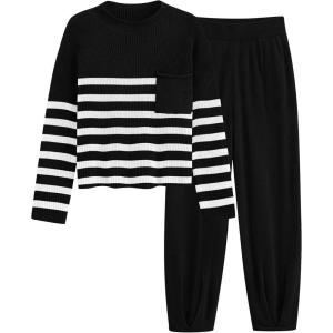 imagePRETTYGARDEN Two Piece Sets for Women 2025 Pullover Sweater High Waisted Sweatpants Tracksuit Lounge Set Fall Winter OutfitsStriped Black