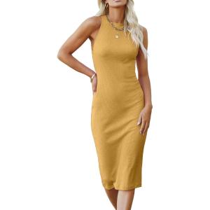 imagePRETTYGARDEN Women Bodycon Midi Dress 2025 Summer Spring Casual Vacation Sundress Fitted Sleeveless Tank DressesYellow