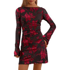 imagePRETTYGARDEN Womens 2025 Fall Fashion Floral Long Sleeve Mini Dress Mesh Bodycon Short Party Date Night Going Out DressesFloral Black Red