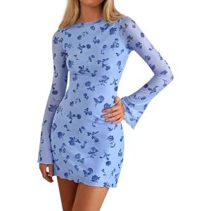 imagePRETTYGARDEN Womens 2025 Fall Fashion Floral Long Sleeve Mini Dress Mesh Bodycon Short Party Date Night Going Out DressesFloral Light Blue