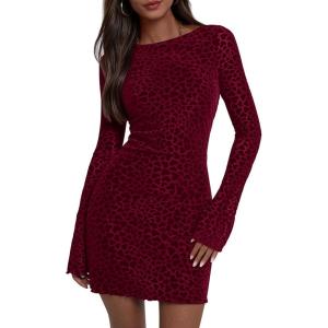 imagePRETTYGARDEN Womens 2025 Fall Fashion Floral Long Sleeve Mini Dress Mesh Bodycon Short Party Date Night Going Out DressesFloral Wine Red