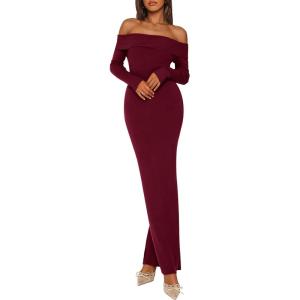 imagePRETTYGARDEN Womens 2025 Fall Sweater Dress Long Sleeve Off Shoulder Slit Maxi Bodycon Cocktail Party DressesWine Red