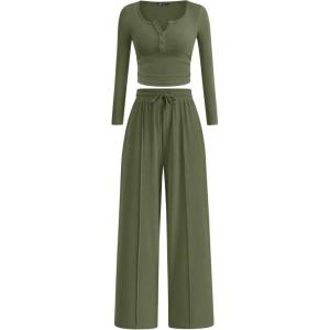 imagePRETTYGARDEN Womens 2025 Fall Trendy 2 Piece Outfits Lounge Sets Long Sleeve Top Henley Shirts Wide Leg Pants Travel ClothesArmy Green