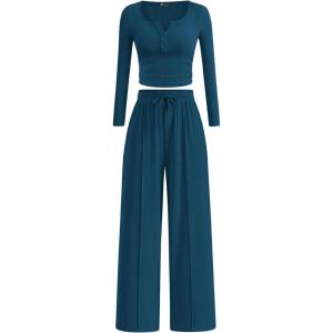 imagePRETTYGARDEN Womens 2025 Fall Trendy 2 Piece Outfits Lounge Sets Long Sleeve Top Henley Shirts Wide Leg Pants Travel ClothesDark Blue