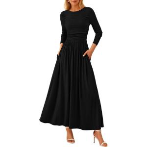 imagePRETTYGARDEN Womens 2025 Fashion Trendy Fall Long Sleeve Dresses Ruched Flowy Elegant Modest Boho Casual Beach Maxi DressBlack