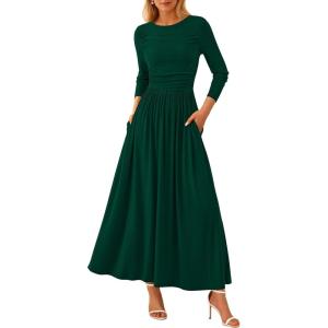 imagePRETTYGARDEN Womens 2025 Fashion Trendy Fall Long Sleeve Dresses Ruched Flowy Elegant Modest Boho Casual Beach Maxi DressDark Green