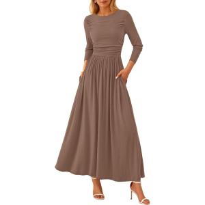 imagePRETTYGARDEN Womens 2025 Fashion Trendy Fall Long Sleeve Dresses Ruched Flowy Elegant Modest Boho Casual Beach Maxi DressKhaki