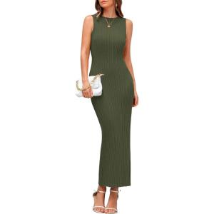 imagePRETTYGARDEN Womens 2025 Summer Casual Maxi Dresses Ribbed Knit Sleeveless Bodycon Elegant Going Out Beach Vacation ClothesArmy Green