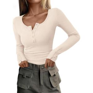 imagePRETTYGARDEN Womens 2025 Summer Long Sleeve Henley T Shirts Ribbed Knit Button Slim Fitted Basic Casual Going Out Fall TopsBeige
