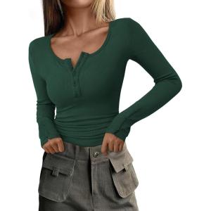 imagePRETTYGARDEN Womens 2025 Summer Long Sleeve Henley T Shirts Ribbed Knit Button Slim Fitted Basic Casual Going Out Fall TopsDark Green