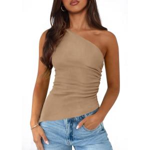 imagePRETTYGARDEN Womens 2025 Summer Y2K Tops Sleeveless One Shoulder Slim Fit Shirts Ruched Knit Asymmetrical Top BlouseKhaki