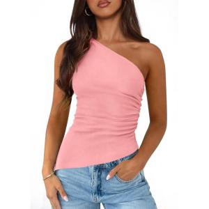 imagePRETTYGARDEN Womens 2025 Summer Y2K Tops Sleeveless One Shoulder Slim Fit Shirts Ruched Knit Asymmetrical Top BlousePink