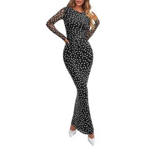 imagePRETTYGARDEN Womens Bodycon Maxi Dress Fall Spring Fashion Long Sleeve Floral Print Tight Fitted Party Club Ruched Dresses01 Polka Dot Black White