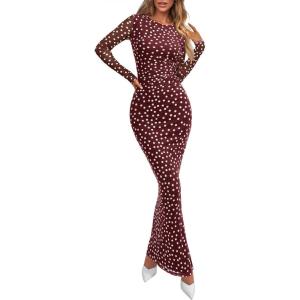 imagePRETTYGARDEN Womens Bodycon Maxi Dress Fall Spring Fashion Long Sleeve Floral Print Tight Fitted Party Club Ruched Dresses01 Polka Dot Red White
