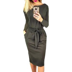 imagePRETTYGARDEN Womens Fall Bodycon Party Dress Casual Long Sleeve Tie Waist Fitted Sheath Pencil Dresses with PocketsDark Grey