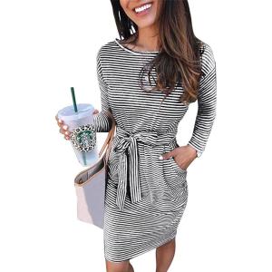 imagePRETTYGARDEN Womens Fall Bodycon Party Dress Casual Long Sleeve Tie Waist Fitted Sheath Pencil Dresses with PocketsStripe Black
