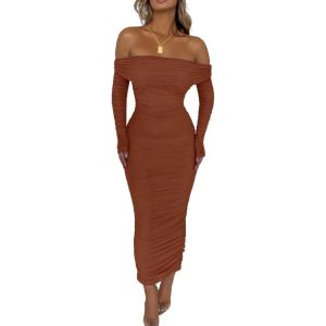 imagePRETTYGARDEN Womens Fall Off The Shoulder Maxi Dress Spring Long Sleeve Ruched Fitted Bodycon Club Dresses with SlitCaramel