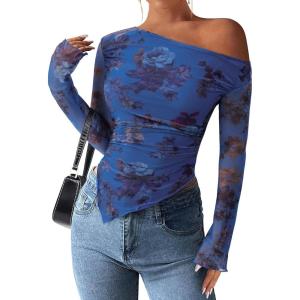 imagePRETTYGARDEN Womens Fall Trendy Off Shoulder Y2k Tops 2025 Tie Dye Mesh Long Sleeve Shirts Asymmetrical Ruched Floral BlouseFloral Blue