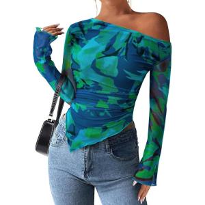imagePRETTYGARDEN Womens Fall Trendy Off Shoulder Y2k Tops 2025 Tie Dye Mesh Long Sleeve Shirts Asymmetrical Ruched Floral BlouseFloral Green